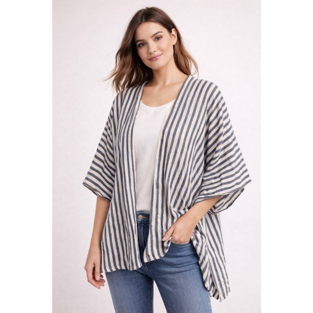 Whispers New York Linen Kimono Medium Navy Ivory Stripe Metallic Open Cardigan